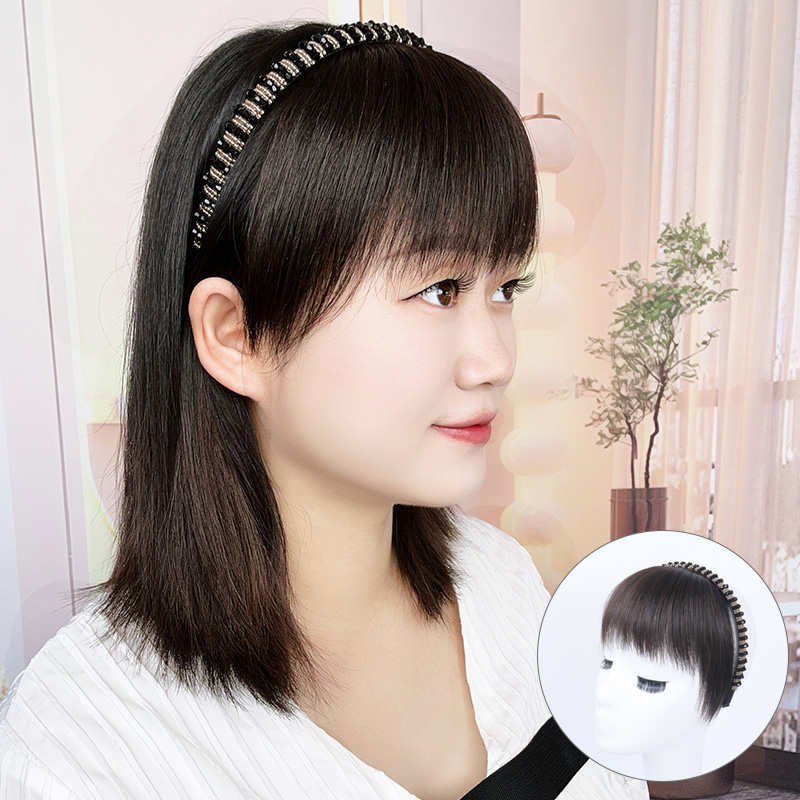 仿钻发箍刘海一体全真发前额遮白发头帘鬓角碎齐刘海头顶假发片女