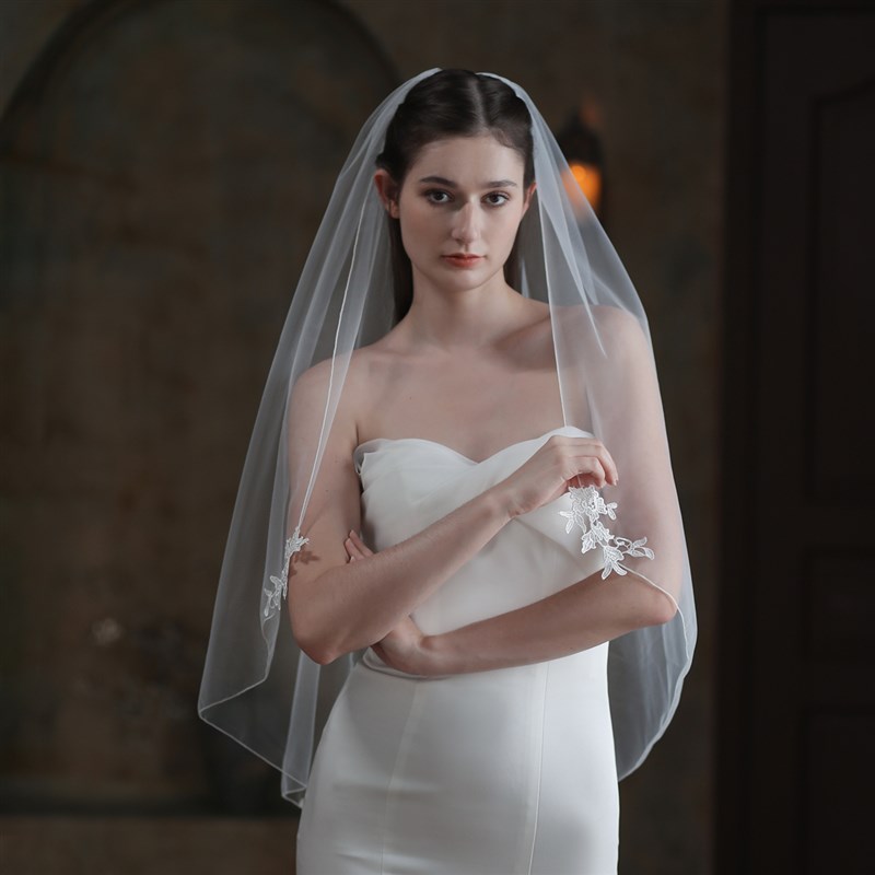 V843新娘头纱 超仙锁边白色单层蕾丝婚I礼旅拍软纱头饰2022新款