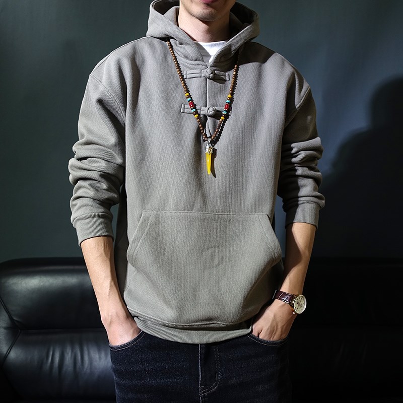 秋冬抓绒连帽中国风套头唐装男版落肩盘扣卫衣保暖棒球领宽松外套