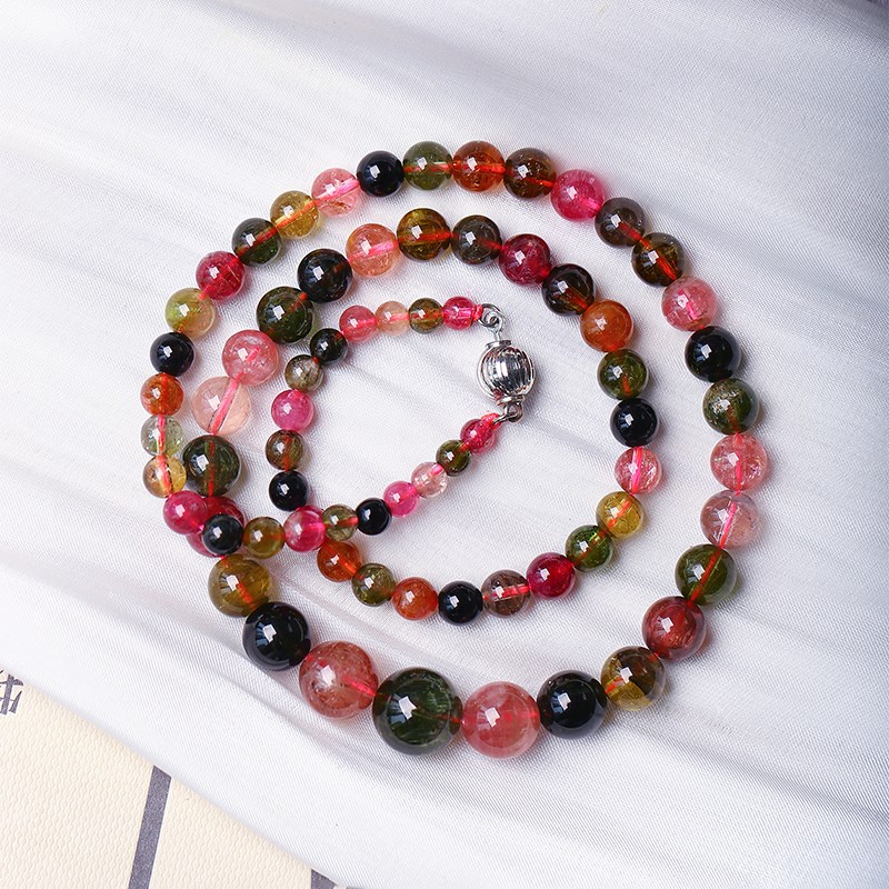 天然老矿料碧玺圆珠款塔链项链 女款水晶碧玺妈妈链锁骨链饰品