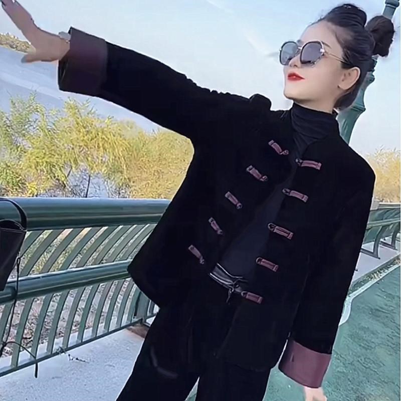 冬季新中式黑色丝绒唐装薄棉服外套女高级感气质修V身百搭短款棉