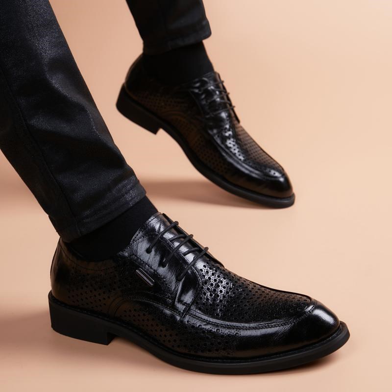 皮鞋男2025夏季新款商务正装英伦尖头真皮透气防臭镂空洞洞皮凉鞋