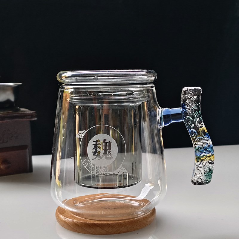 高硼硅加厚玻璃茶杯过滤龙把手办公杯私人定制刻字茶水分离水杯子