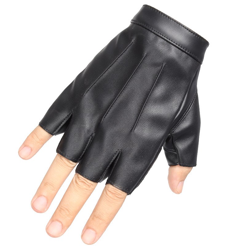 春秋五指半指皮手套男女半截露指加绒加厚保暖骑行开车健身PU手套