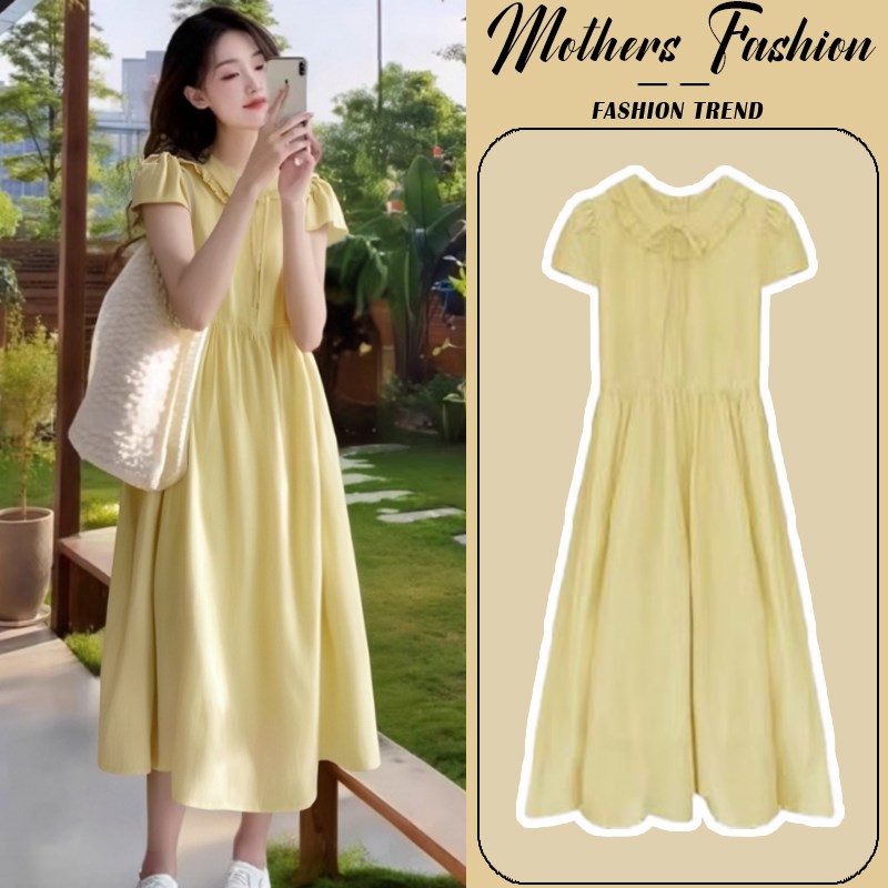 孕妇连衣裙夏季2025新款黄色度假风法式宽松遮肚显瘦短袖中长款女