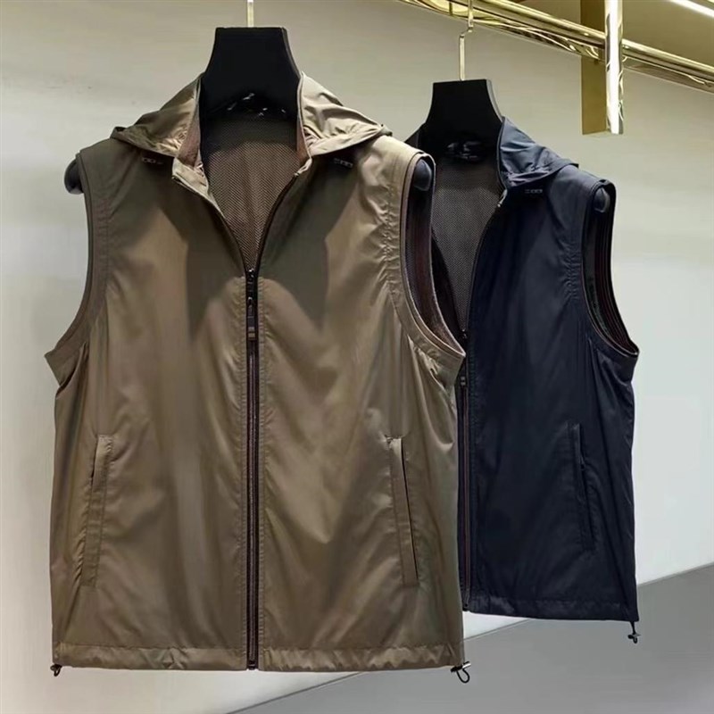 春季薄款坎肩背心高端抗皱面料可脱卸帽轻薄透气男士休闲马甲外套