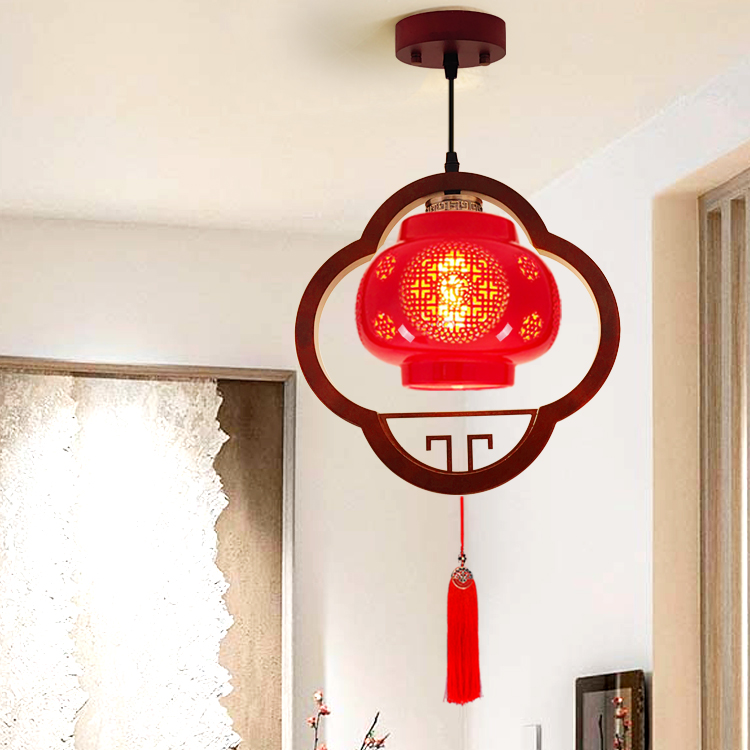 红色灯笼走廊过道单头阳台吊灯中国风陶瓷玄关入户小吊灯茶室书房