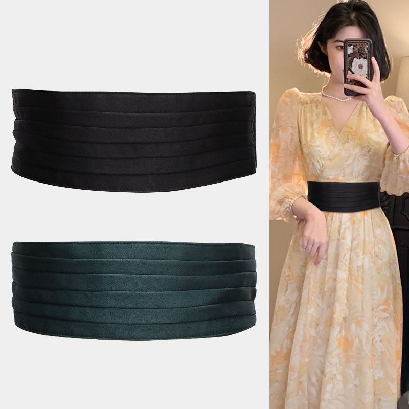 腰封女2024新款配裙子束腰装饰连衣裙收腰夏季黑色绿色缎面宽腰带