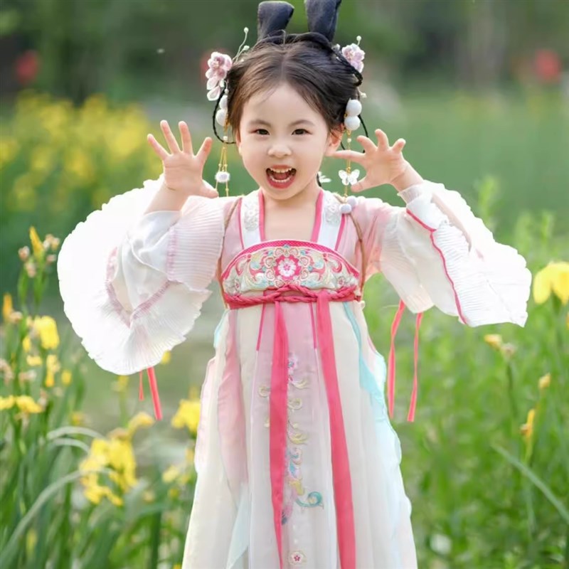 女童汉服中国风儿童古装花神公主裙小女孩连衣裙演出荷叶广袖端午