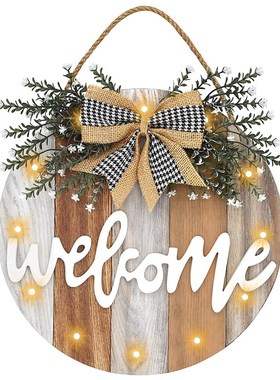 木制迎宾标志前门装饰 乡t村圆形木质LED灯农舍廊门挂标志家居装