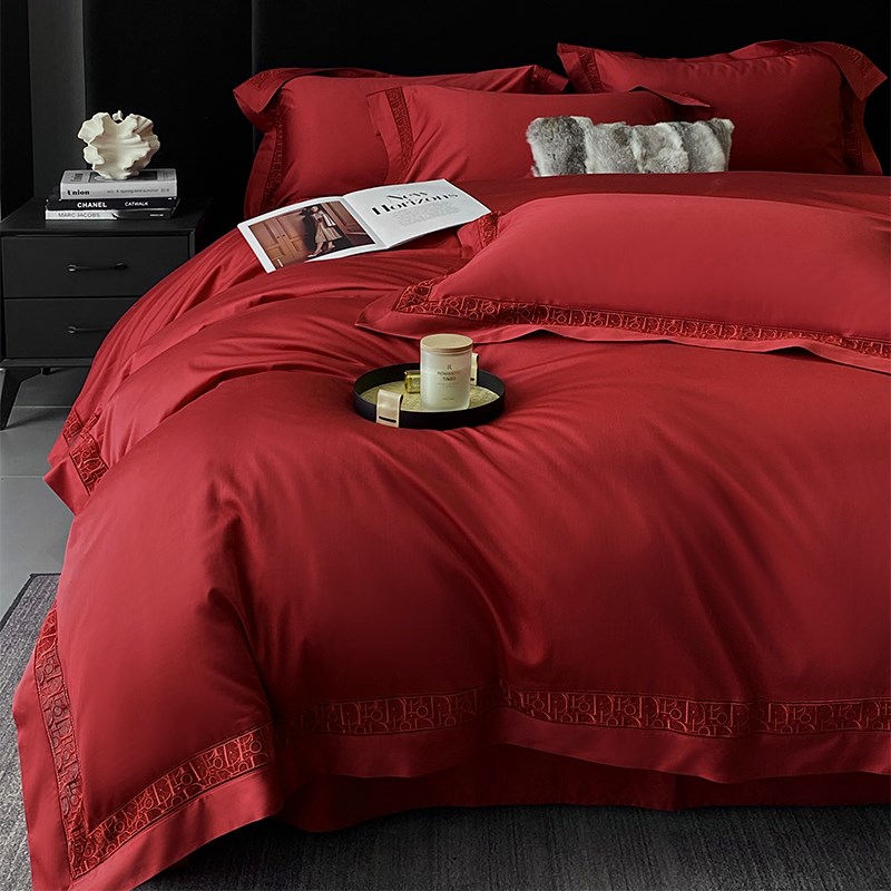 高端100支长绒棉全棉四件套镂空宽边酒红色被套结婚床单大气床品4