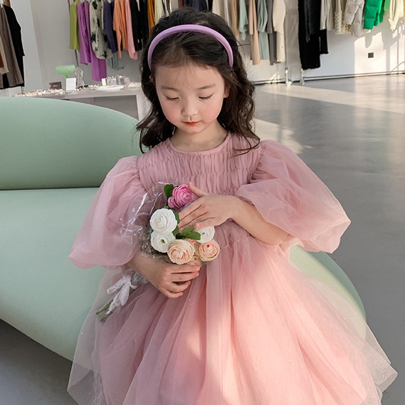 女童网纱连衣裙2025夏款韩版甜美蓬蓬裙表演服儿童粉色仙女公主裙
