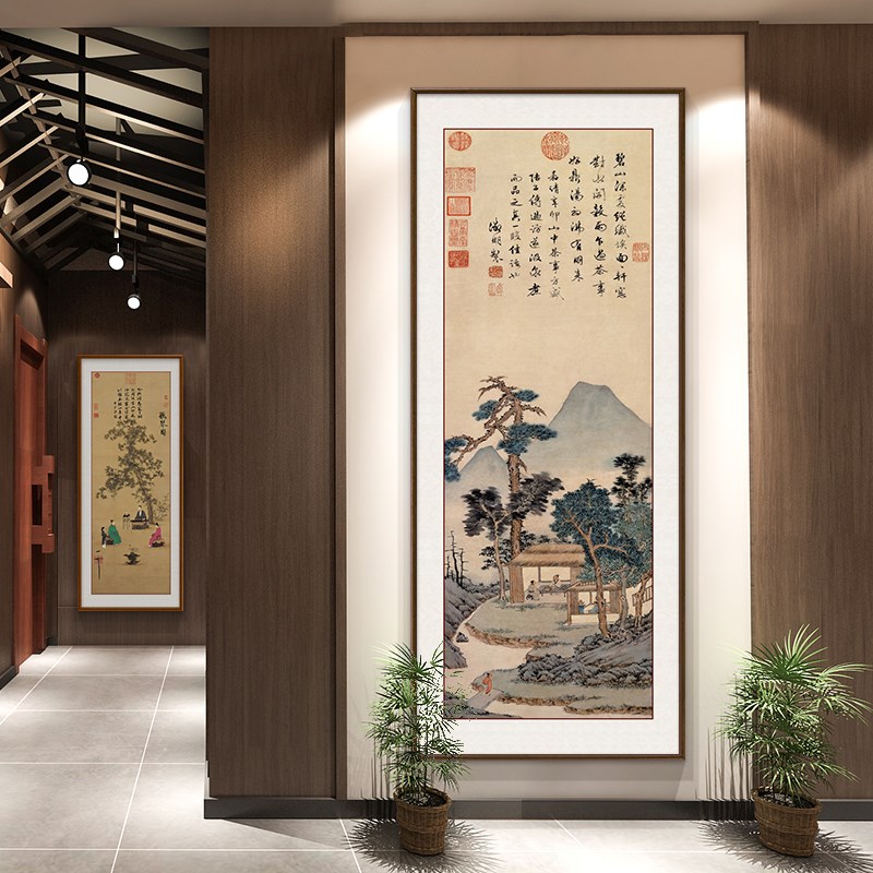 网红古画听琴图装饰画国画中式竖版E入户客厅茶室玄关走廊过道壁