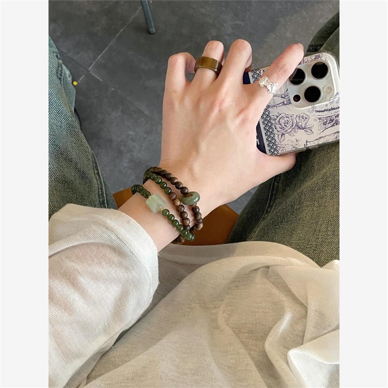 天然奇楠沉香手串搭和田碧玉三圈手链新中式文玩跑环念珠男女项链