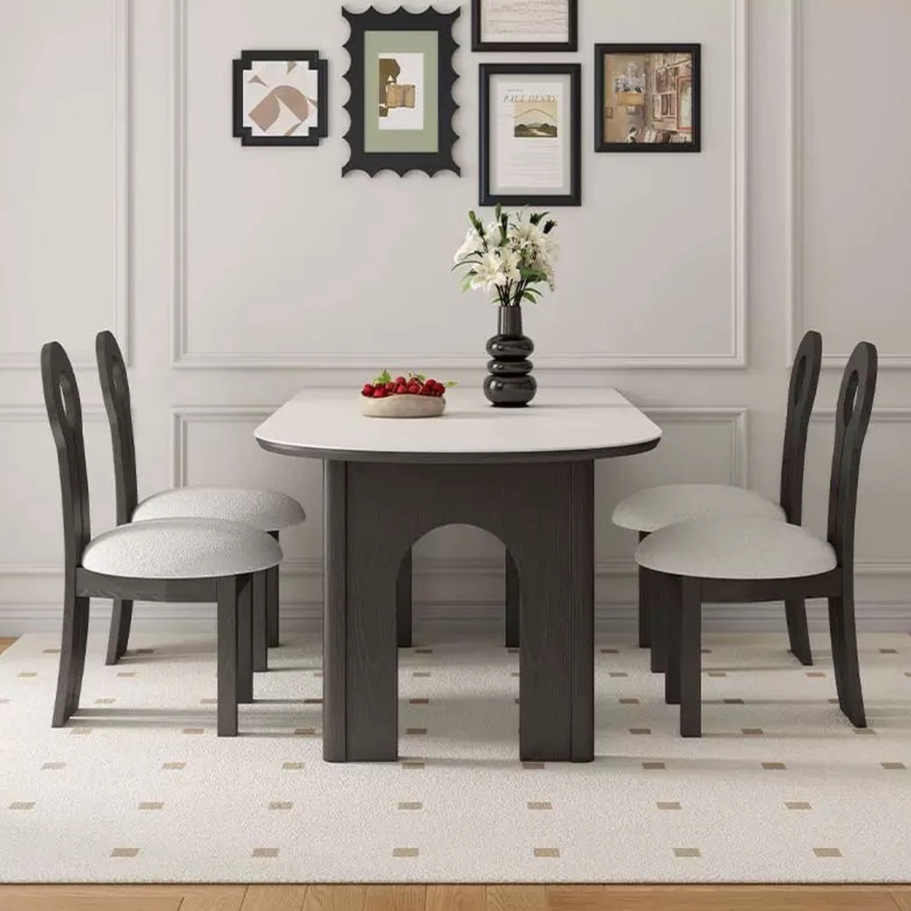 法式复古洞石岩板餐桌家用小户型中古风岛台半圆形靠墙实木吃饭桌