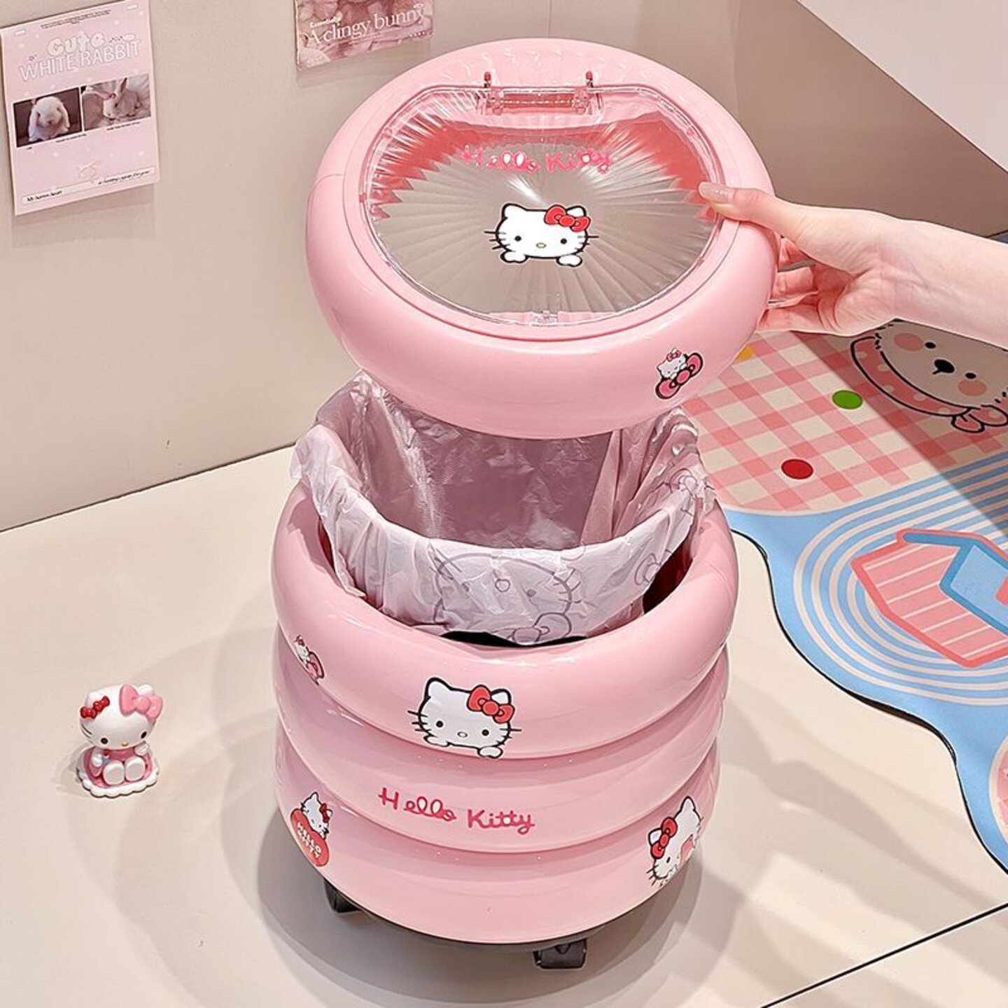HelloKitty可爱甜甜圈垃圾收纳桶少女心卡通收纳玩具桶滑轮垃圾桶