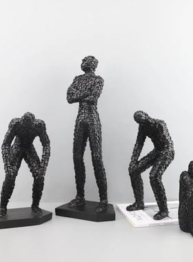 北欧简约黑白马赛克人物雕塑树脂摆件样板房客厅电视柜桌面装饰品