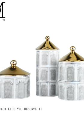 客厅电视柜玄关陶瓷水墨建筑图案储物罐欧式样板房售楼处软装饰品