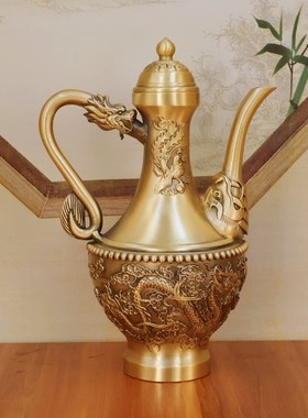 极速黄铜龙凤酒壶摆件结婚敬w酒用品佛堂供居龙凤呈祥复古铜酒壶