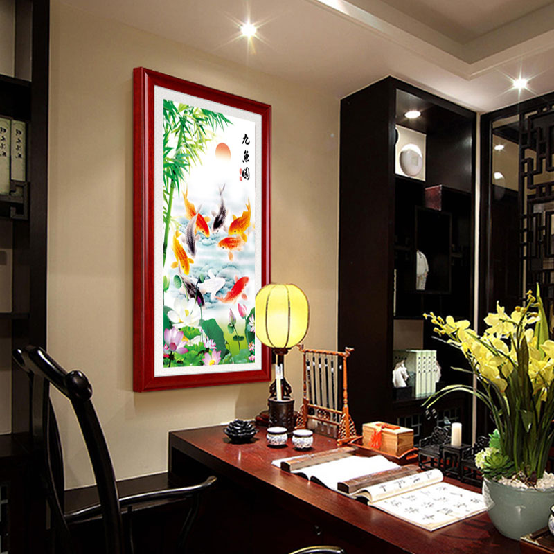 极速荷花九鱼图装饰画客厅餐厅无框画竖版走廊过道壁X画玄关挂画图片