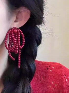 极速复古红色串珠流苏耳钉女2w025新款显脸小耳钉小众设计安可拉