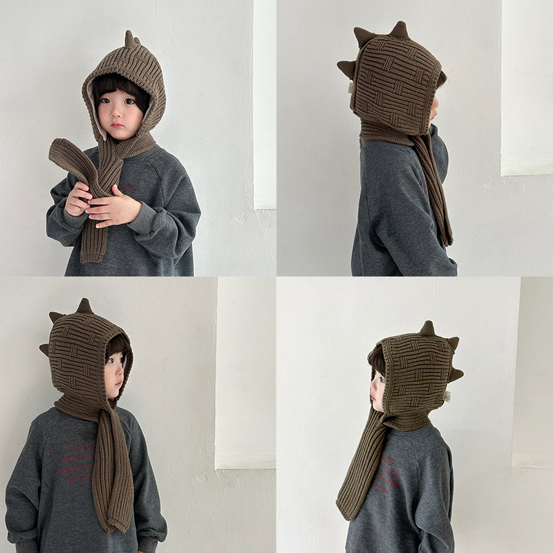 儿童帽子围巾一体秋冬季宝宝帽子可爱恐龙男童女童护耳毛线帽围脖