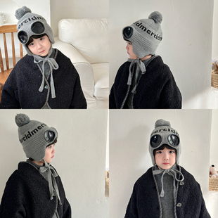 儿童帽子男孩炸街痞帅针织毛线帽中大童冬季 加绒保暖男童护耳帽潮