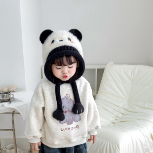 儿童帽子冬季加绒加厚保暖男童女宝宝护耳帽可爱女童小熊猫毛绒帽