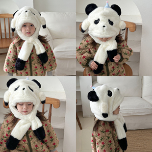 耳朵会动儿童帽子围脖一体冬季 保暖可爱小熊猫防寒女童男孩帽子
