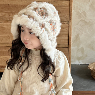 2025新款兔毛云朵女童帽子醒狮帽秋冬儿童帽子女孩洋气时髦毛线帽