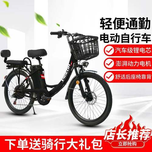 新国标锂电电动自行车24寸48V变速休闲代步车轻便男女