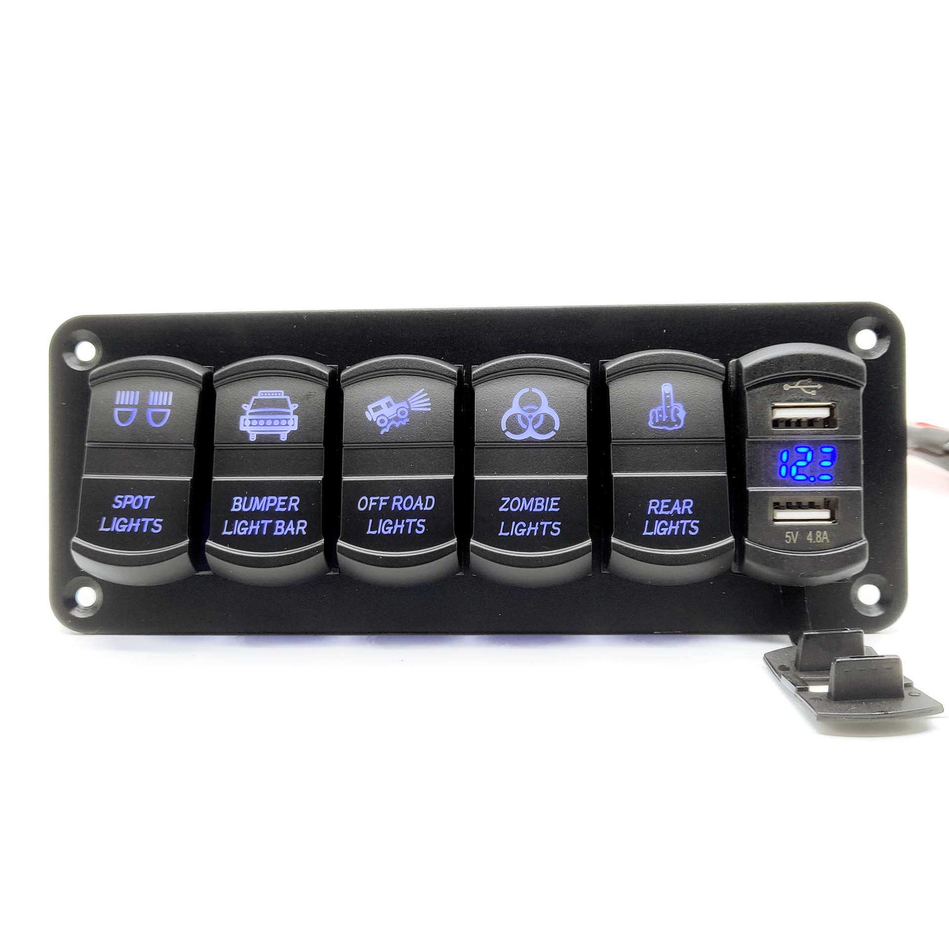 新品6组拨动摇杆船形开关面板双USB4.8A 汽车船舶改装开关12V用