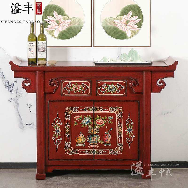 明清仿古典家具中式彩绘翘头玄关柜做旧复古红色花卉鞋柜储物柜