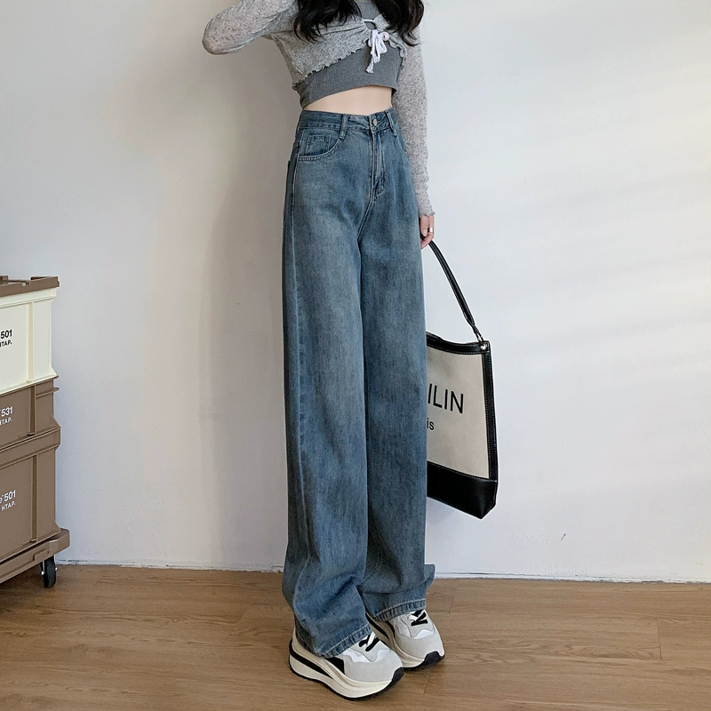 怀旧复古高腰直筒女士牛仔裤2024新款春秋款梨形宽松拖地阔腿裤