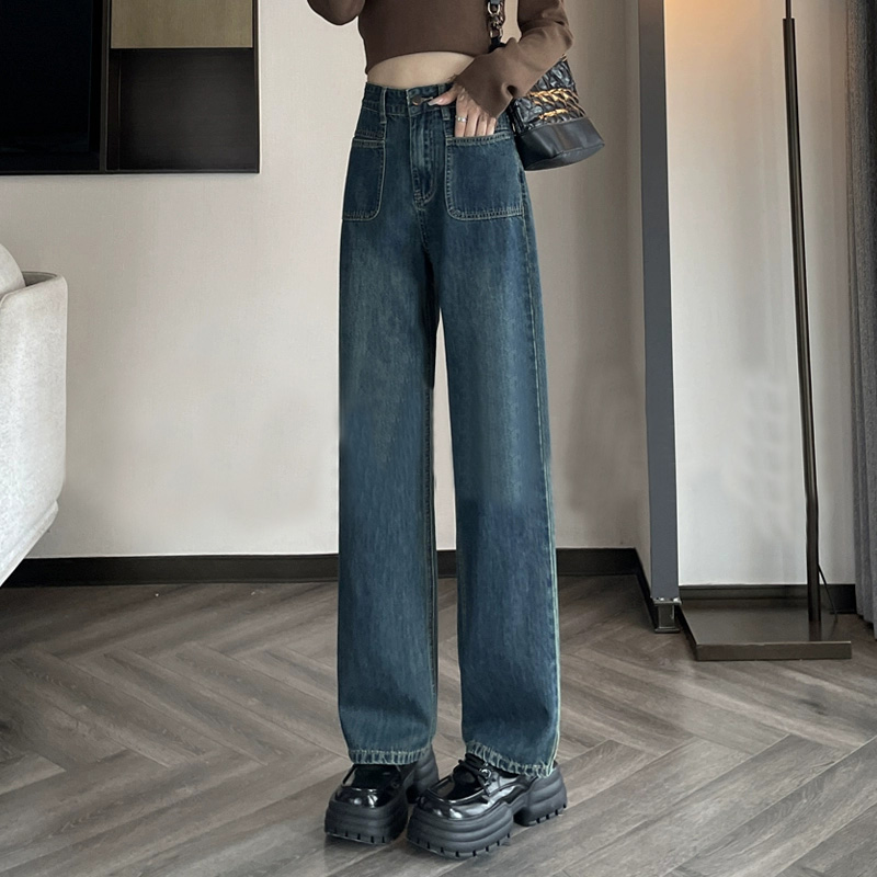 小个子美式牛仔裤女秋新款设计蓝灰前口袋宽松高腰直筒拖地阔腿裤