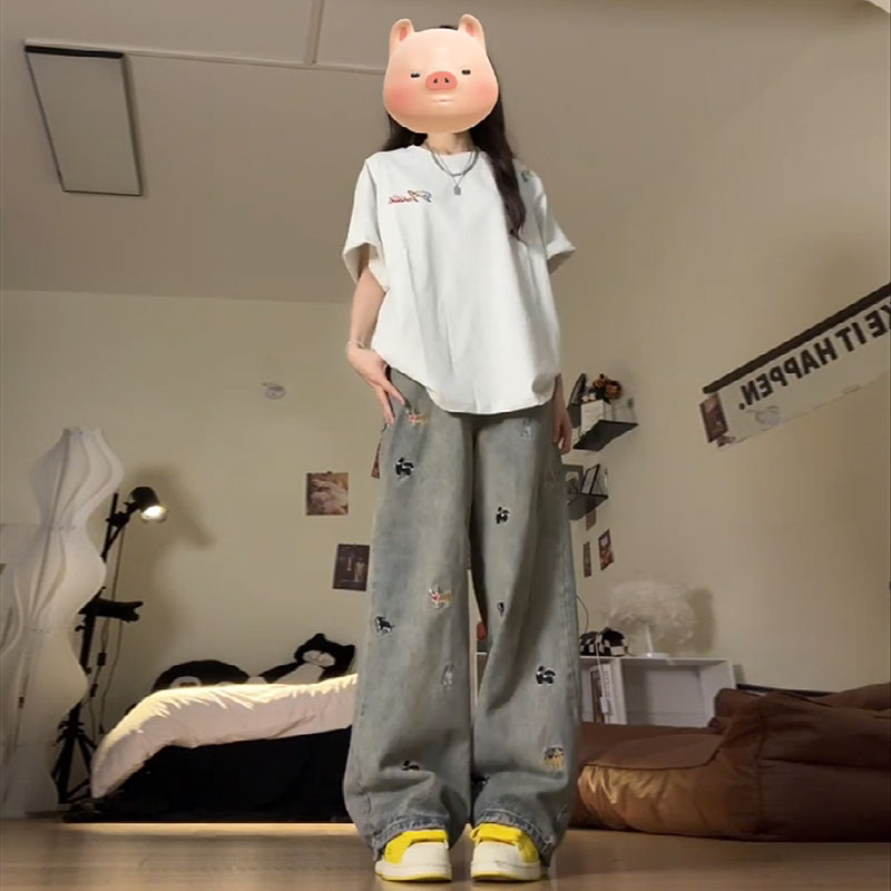 大码胖mm水洗刺绣小狗牛仔裤2025新款美式女装宽松高腰直筒阔腿裤