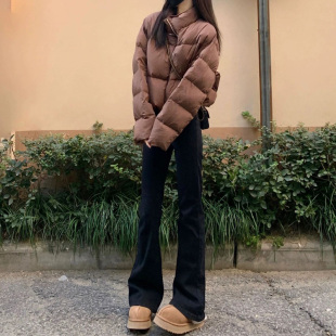 百搭直筒弹力设计感拖地裤 马蹄裤 子 女早春高腰修身 黑色微喇牛仔裤
