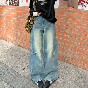 宽松阔腿胖mm梨形遮肉高腰拖地裤 大码 女美式 浅色弯刀牛仔裤 子 新款