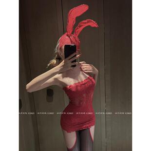 做你的猫：风情红玫瑰*一字肩红色蕾丝抹胸连衣裙辣妹收腰包臀裙