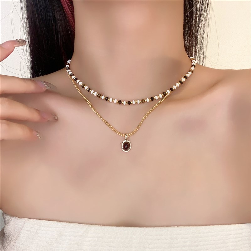 美拉德虎眼石串珠项链女轻奢小众双层叠戴锁骨链复古高级感颈链夏