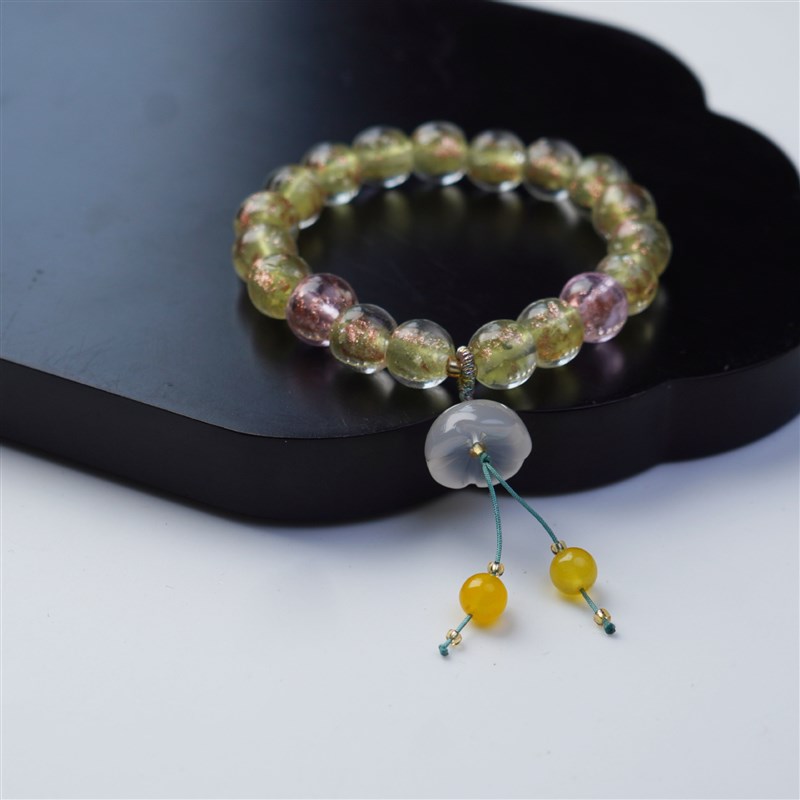民族风金箔琉璃铃兰花手串女小众高级感小清新绿手链夜光水晶手饰