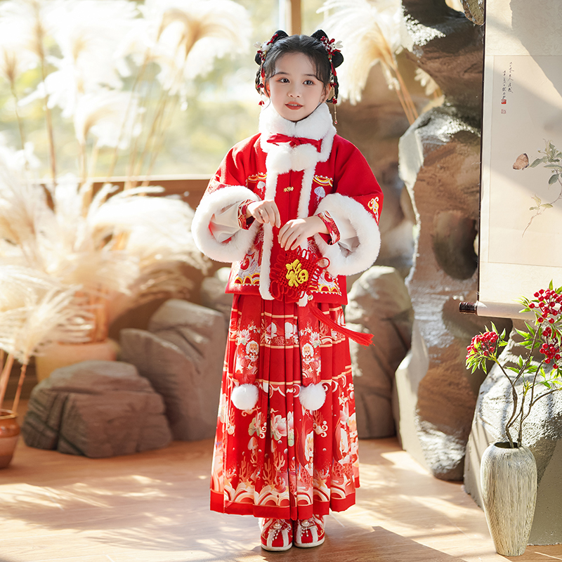 儿童拜年服女童过k年喜庆衣服冬款厚女宝宝2024新年装汉服冬季加