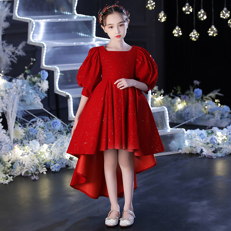 女童红色礼服公主裙生日小女孩花童婚礼儿童主持S人钢琴演出服秋