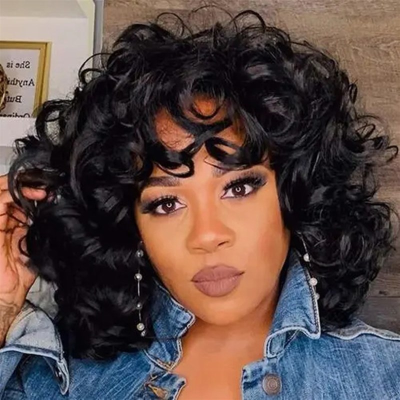 外贸工厂直销女士假发 黑色假发长卷发 高温丝长刘海假发 一件发