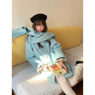 霍里德地图 早鸟丽子 u日系流苏围巾中长款毛呢大衣呢子外套女