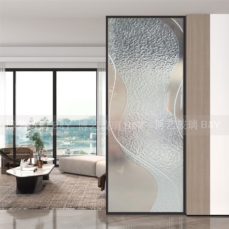 现代简约雕刻艺术玻璃屏风隔断客厅入户玄关装饰奢鞋柜上移门钢化