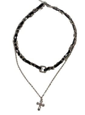 皮革镶钻十字架双层项链女韩国个性时尚毛衣链辣妹网红风饰品