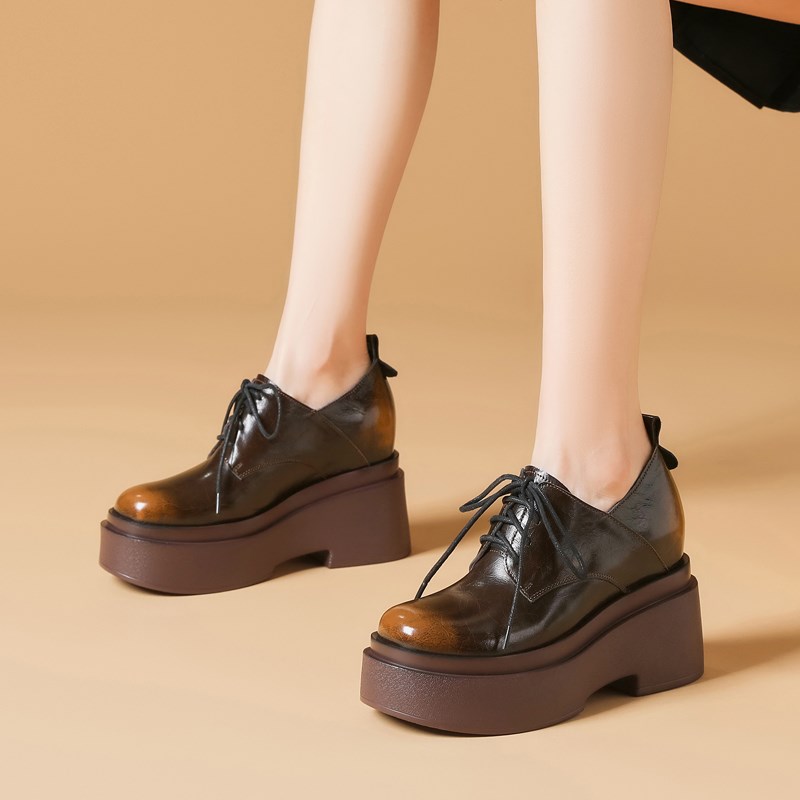 10CM厚c底内增高女鞋春秋季新款头层牛皮女款单鞋英伦复古风小皮