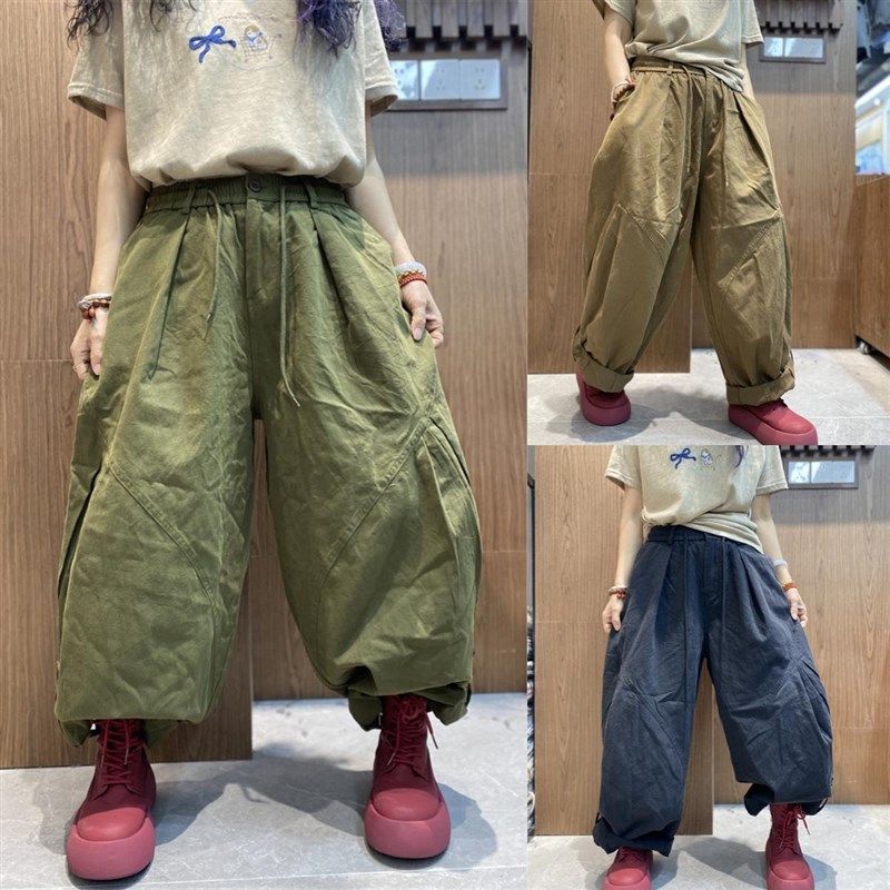 日系复古褶皱工装阔腿裤女春夏大码胖mm松紧腰宽松显Y瘦拖地长款