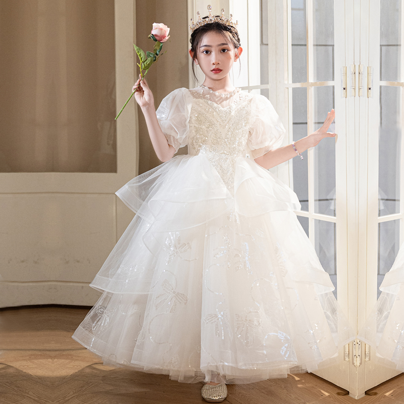 儿童晚礼服2025新款白色公主裙B高级花童婚礼小女孩连衣裙生日女